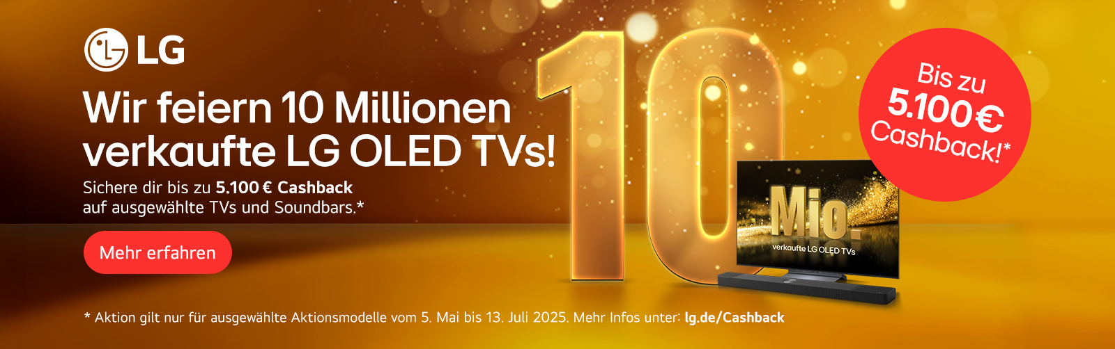 Werbebanner zur LG Cashback Aktion, der Link öffnet die LG-Website mit den Aktionsbedingungen.