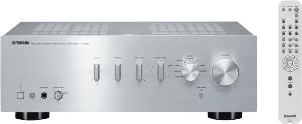 Yamaha A-S301 silber Gerät von vorne mit Fernbedienung