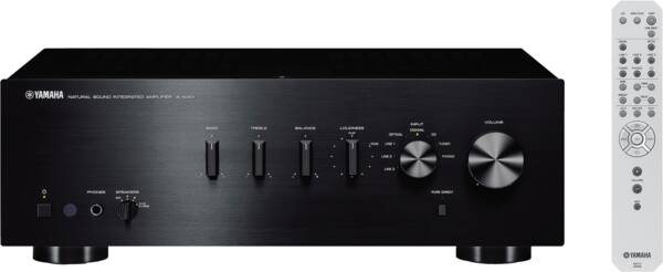Yamaha A-S301 schwarz Gerät von vorne mit Fernbedienung